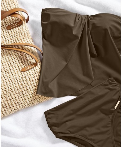 Riviera Draped Tankini Top & High-Waist Bottoms Dark Fatigue Green $35.36 Swimsuits