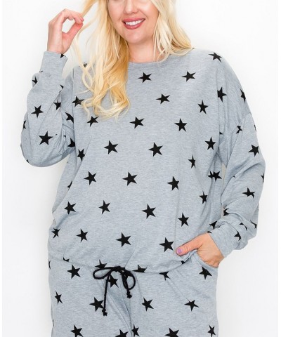Plus Size Star Long Sleeve Pullover Top Gray $33.06 Tops