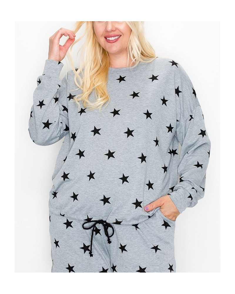 Plus Size Star Long Sleeve Pullover Top Gray $33.06 Tops