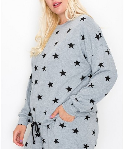 Plus Size Star Long Sleeve Pullover Top Gray $33.06 Tops