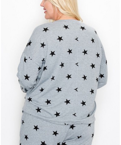 Plus Size Star Long Sleeve Pullover Top Gray $33.06 Tops