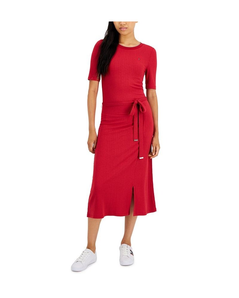 Women's Ribbed Belted Midi Dress Sky Captain $32.60 Dresses