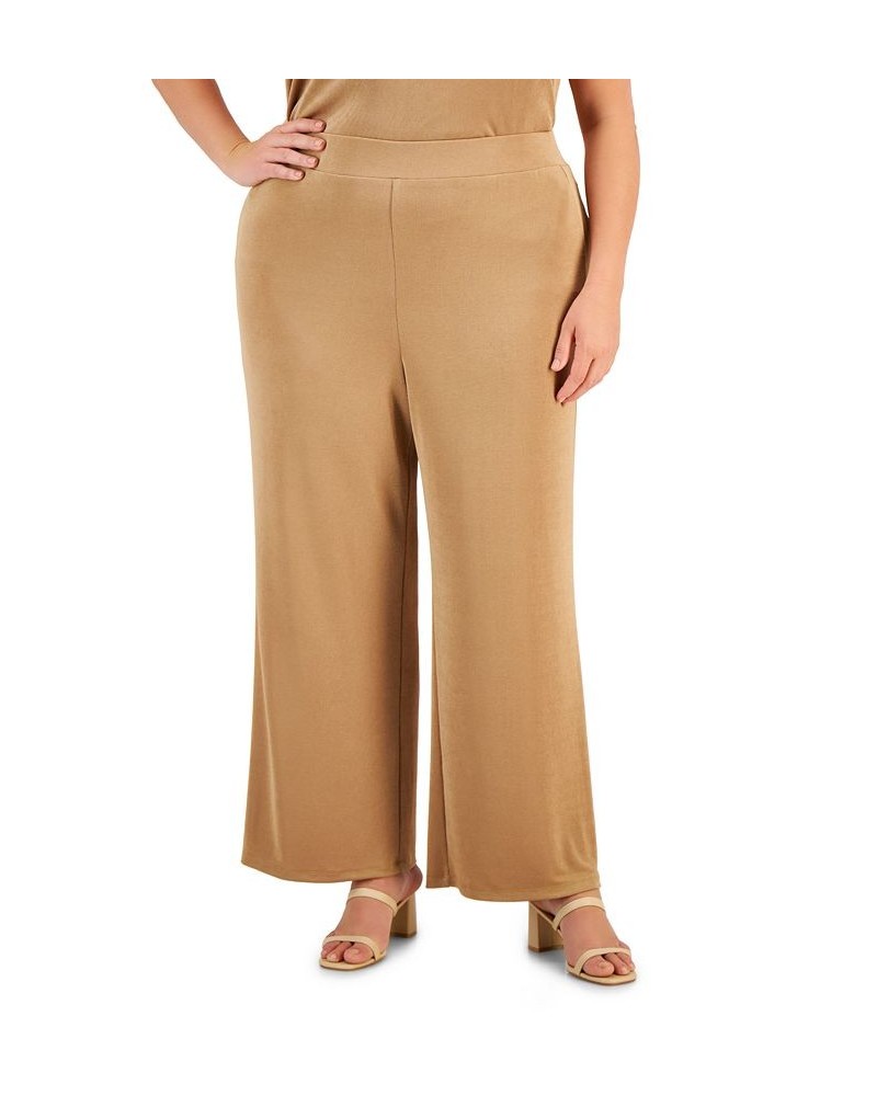 Plus Size Pull-On Wide-Leg Knit Ankle Pants Tan/Beige $48.51 Pants