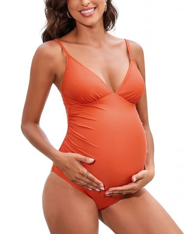 Women's Ruched V-Neck Cami One Piece Maternity Swimsuit Orange $21.07 Swimsuits