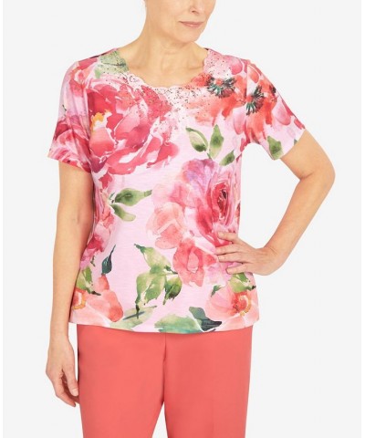Women's Lace Neck Floral T-shirt Multi $33.54 Tops