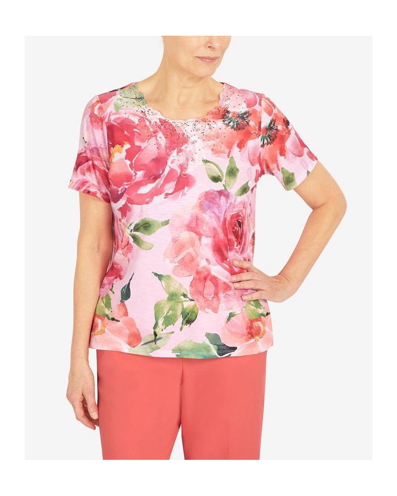 Women's Lace Neck Floral T-shirt Multi $33.54 Tops