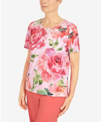 Women's Lace Neck Floral T-shirt Multi $33.54 Tops