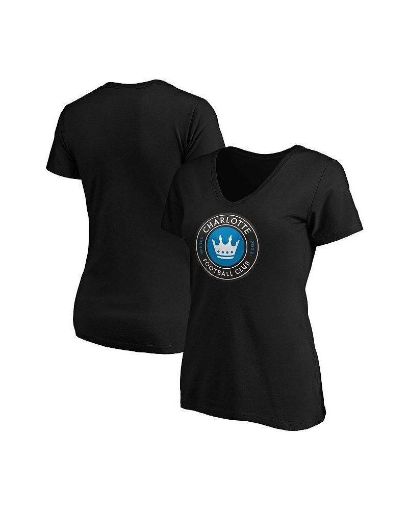 Women's Branded Black Charlotte FC Primary Logo V-Neck T-shirt Black $18.62 Tops