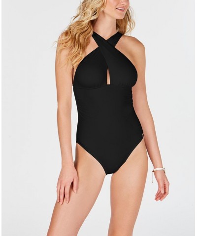 Solid Convertible Ruched One-Piece Swimsuit Black $52.92 Swimsuits