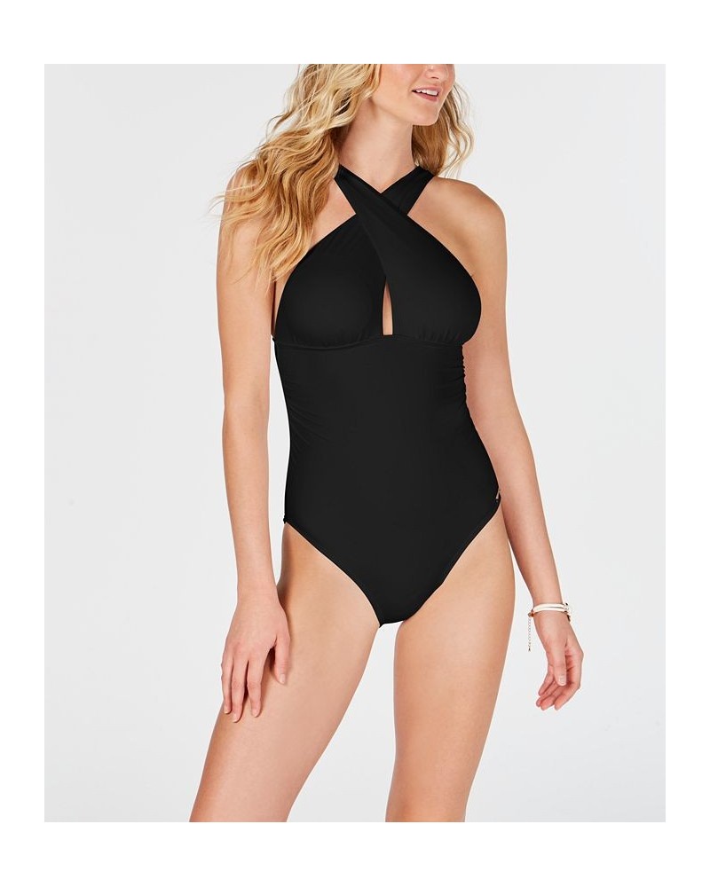 Solid Convertible Ruched One-Piece Swimsuit Black $52.92 Swimsuits