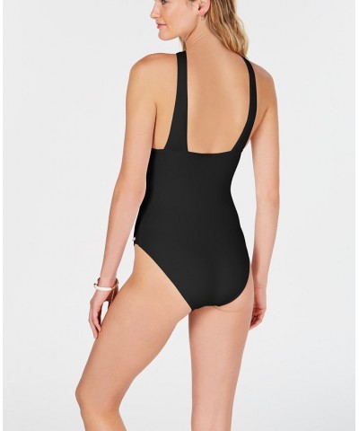 Solid Convertible Ruched One-Piece Swimsuit Black $52.92 Swimsuits