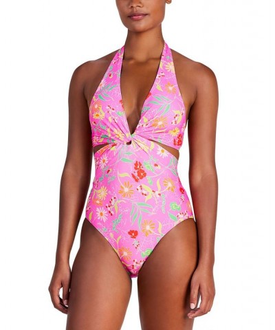 Women's Knot-Front Halter One-Piece Swimsuit Pink Flash $82.50 Swimsuits