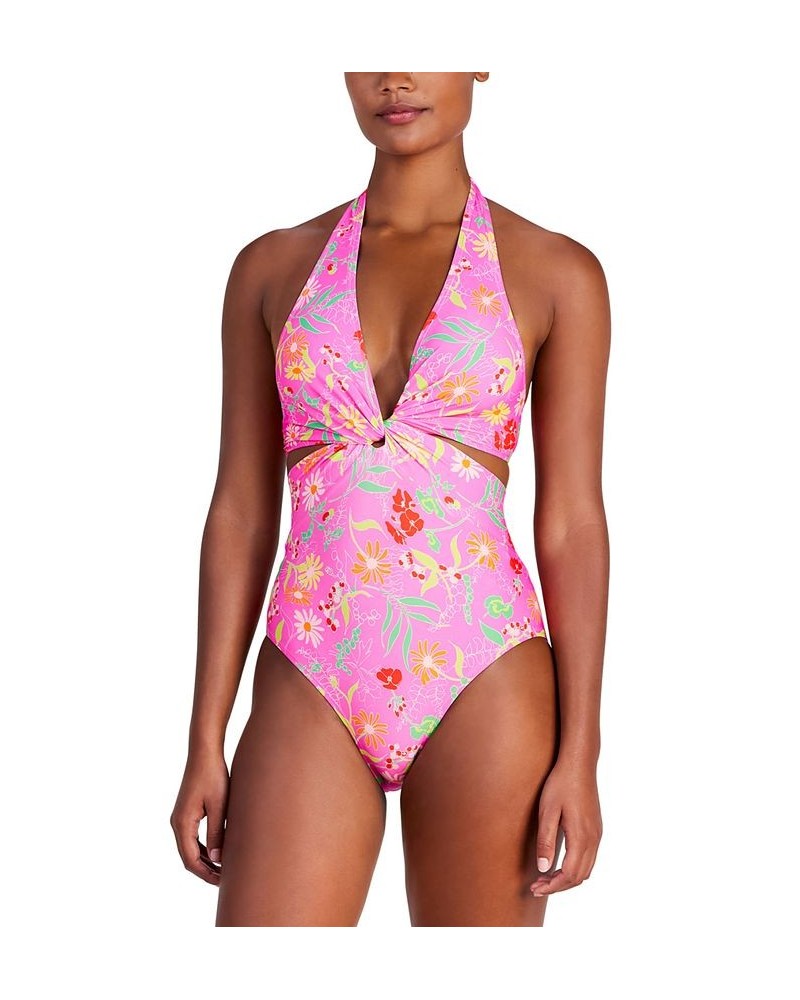 Women's Knot-Front Halter One-Piece Swimsuit Pink Flash $82.50 Swimsuits