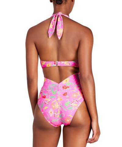 Women's Knot-Front Halter One-Piece Swimsuit Pink Flash $82.50 Swimsuits