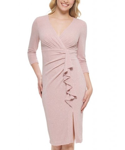 Women's Shimmering 3/4-Sleeve V-Neck Ruffled Dress Mauve $55.60 Dresses