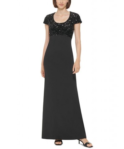 Women's Sequined-Bodice Evening Gown Black $79.42 Dresses