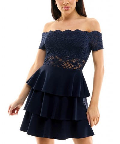Juniors' Lace Off-The-Shoulder Dress Navy $46.28 Dresses