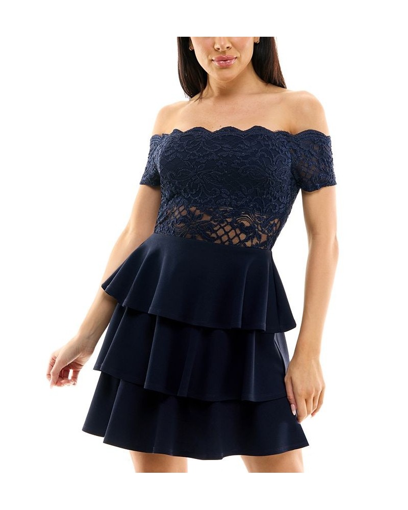 Juniors' Lace Off-The-Shoulder Dress Navy $46.28 Dresses