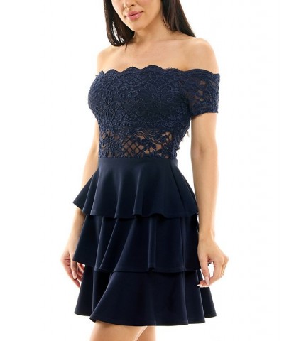 Juniors' Lace Off-The-Shoulder Dress Navy $46.28 Dresses