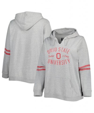 Women's Ohio State Buckeyes Plus Size Distressed Sleeve Stripe Pullover Hoodie Heather Gray, Scarlet $43.99 Sweatshirts