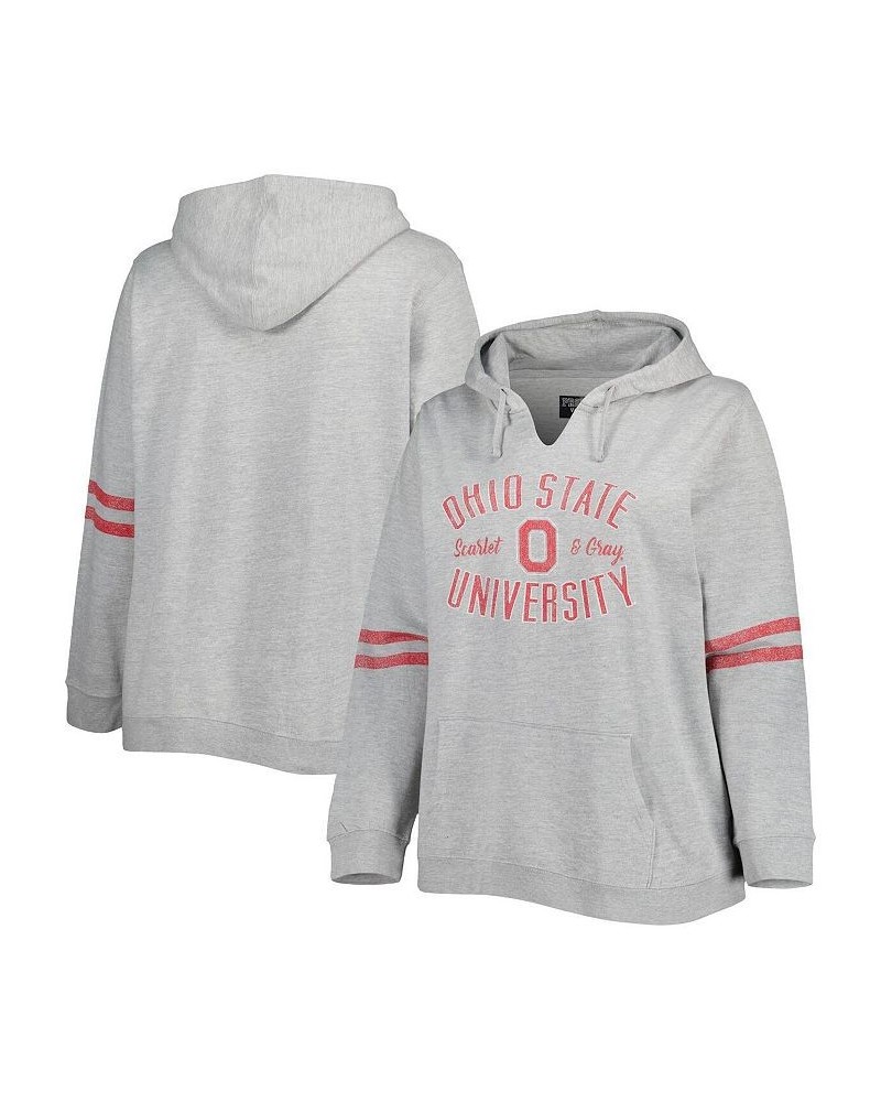 Women's Ohio State Buckeyes Plus Size Distressed Sleeve Stripe Pullover Hoodie Heather Gray, Scarlet $43.99 Sweatshirts