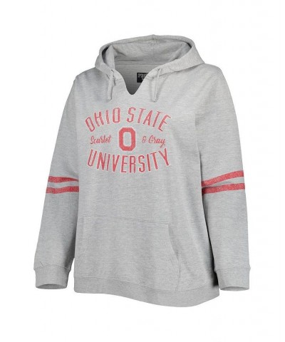 Women's Ohio State Buckeyes Plus Size Distressed Sleeve Stripe Pullover Hoodie Heather Gray, Scarlet $43.99 Sweatshirts