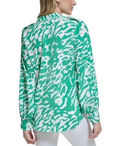 Women's Animal-Print Utility Blouse Soft White/ Green $40.80 Tops