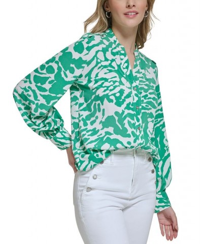 Women's Animal-Print Utility Blouse Soft White/ Green $40.80 Tops