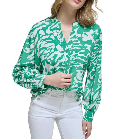 Women's Animal-Print Utility Blouse Soft White/ Green $40.80 Tops