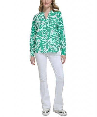 Women's Animal-Print Utility Blouse Soft White/ Green $40.80 Tops