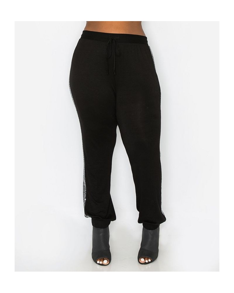 Plus Size Sequin Side Contrast Jogger Pants Silver-Tone Black $18.86 Pants