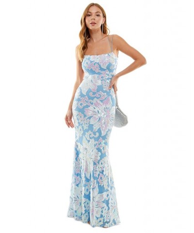 Juniors' Sequin-Print Strappy Gown Chambray/Off White $72.67 Dresses