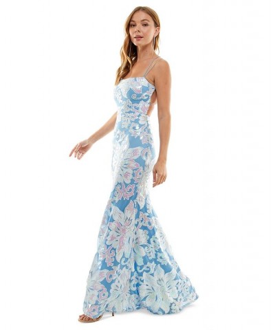 Juniors' Sequin-Print Strappy Gown Chambray/Off White $72.67 Dresses