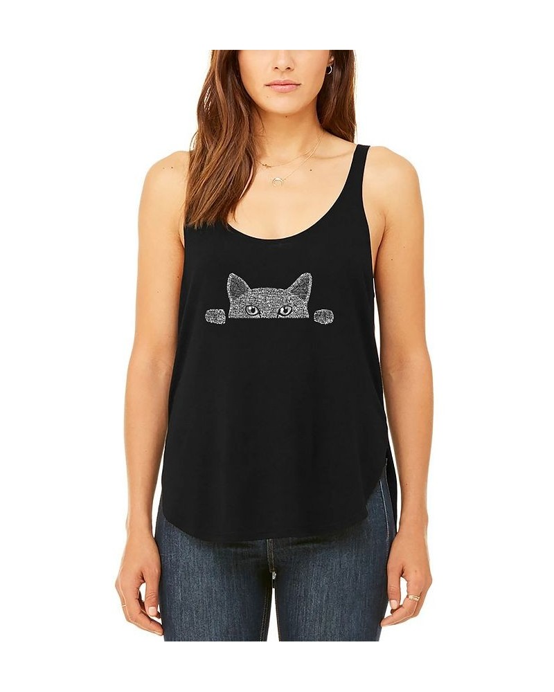 Women's Premium Word Art Peeking Cat Flowy Tank Top Black $26.09 Tops