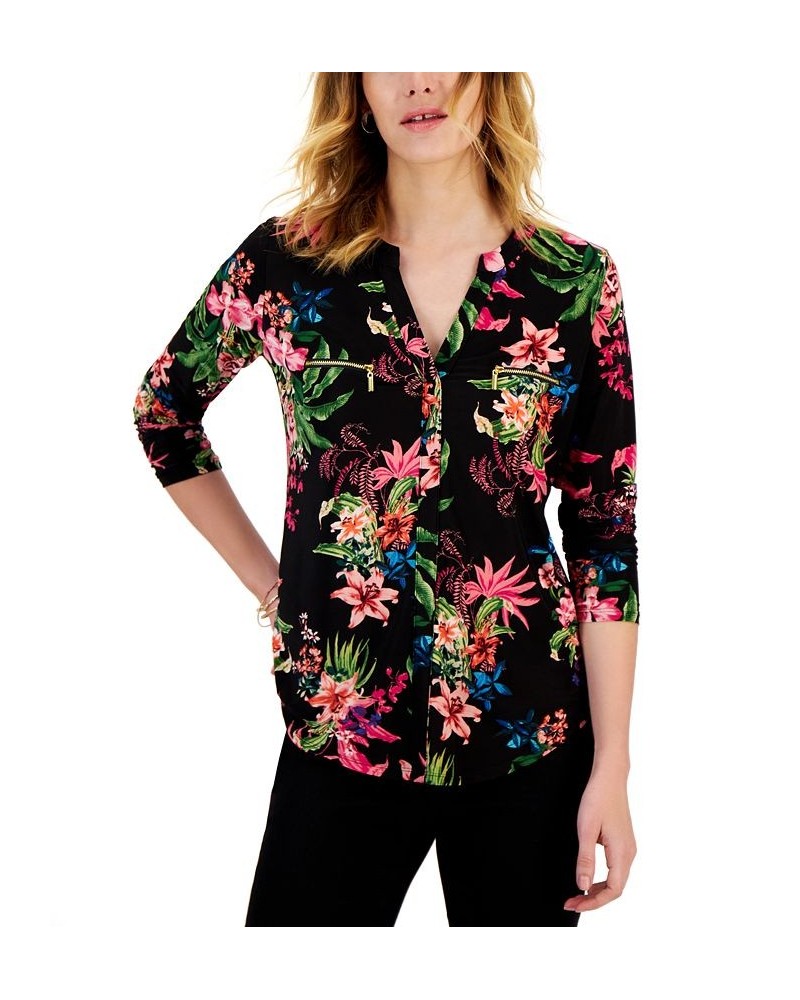 Women's Print Zip-Pocket Top in Regular & Petite Black $18.63 Tops