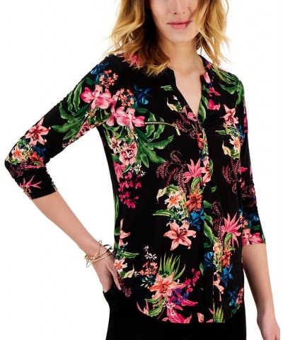 Women's Print Zip-Pocket Top in Regular & Petite Black $18.63 Tops