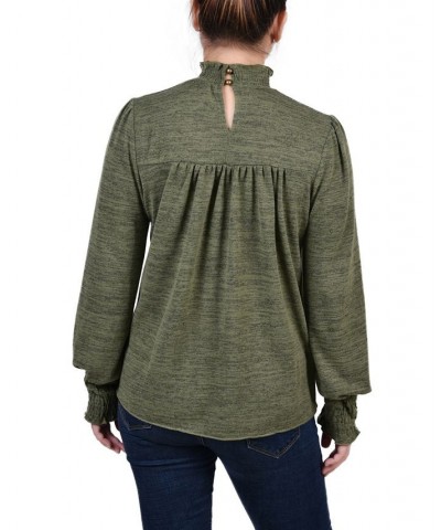 Petite Long Sleeve with Smocking Details Top Green $17.28 Tops