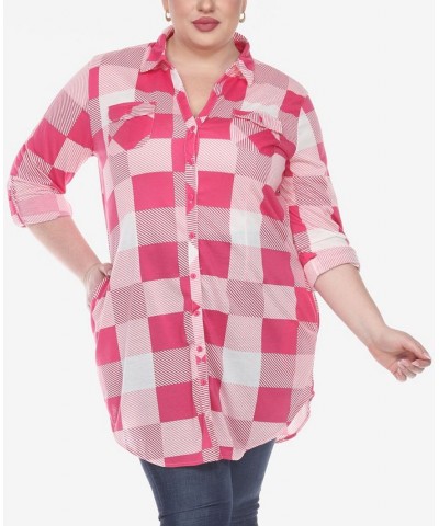 Plus Size Plaid Tunic Shirt Pink and White $27.90 Tops