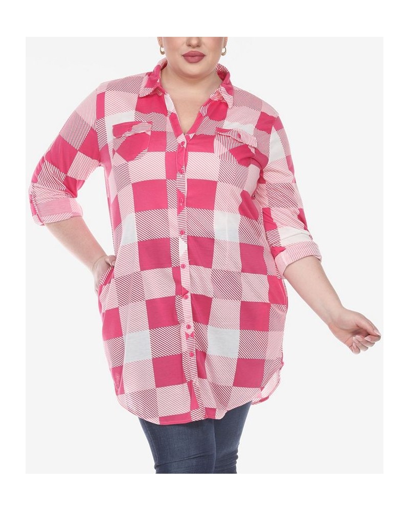 Plus Size Plaid Tunic Shirt Pink and White $27.90 Tops