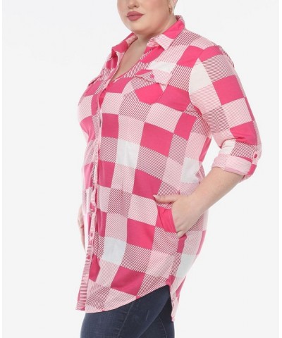 Plus Size Plaid Tunic Shirt Pink and White $27.90 Tops