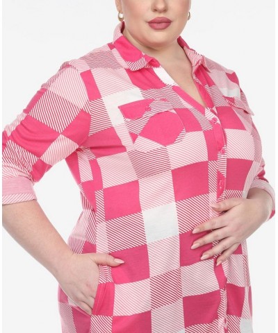 Plus Size Plaid Tunic Shirt Pink and White $27.90 Tops