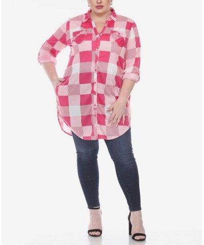 Plus Size Plaid Tunic Shirt Pink and White $27.90 Tops