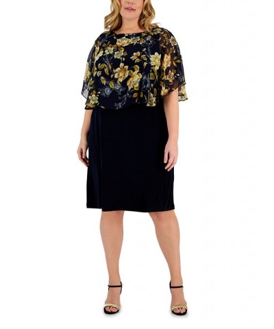 Plus Size Printed-Capelet Overlay Dress Navy/Mustard $27.53 Dresses