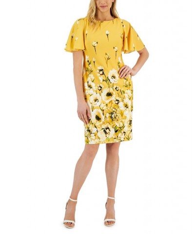 Women's Scuba Crepe Flutter-Sleeve Sheath Dress Daffodile Multi $45.78 Dresses