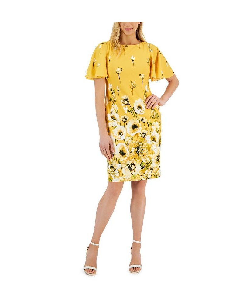 Women's Scuba Crepe Flutter-Sleeve Sheath Dress Daffodile Multi $45.78 Dresses