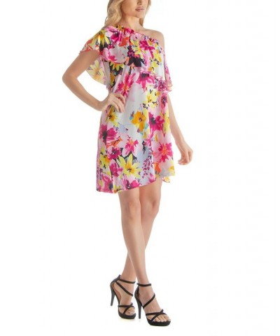 Women's Single Ruffled Shoulder Mini Dress Pink Multi $37.60 Dresses