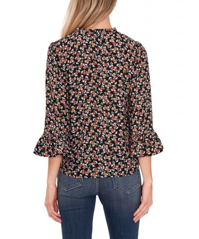 Women's Elbow Sleeve Ruffled V-neckline Blouse Rich Black $31.60 Tops