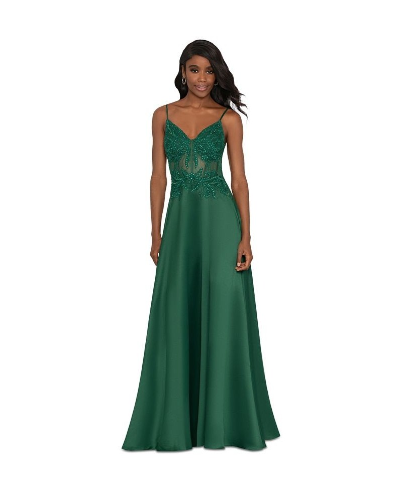 Juniors' Sequined Embroidered-Bodice Gown Hunter $106.02 Dresses