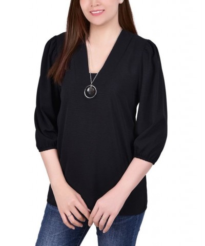 Petite Balloon Sleeve Pullover with Necklace Black $13.20 Tops
