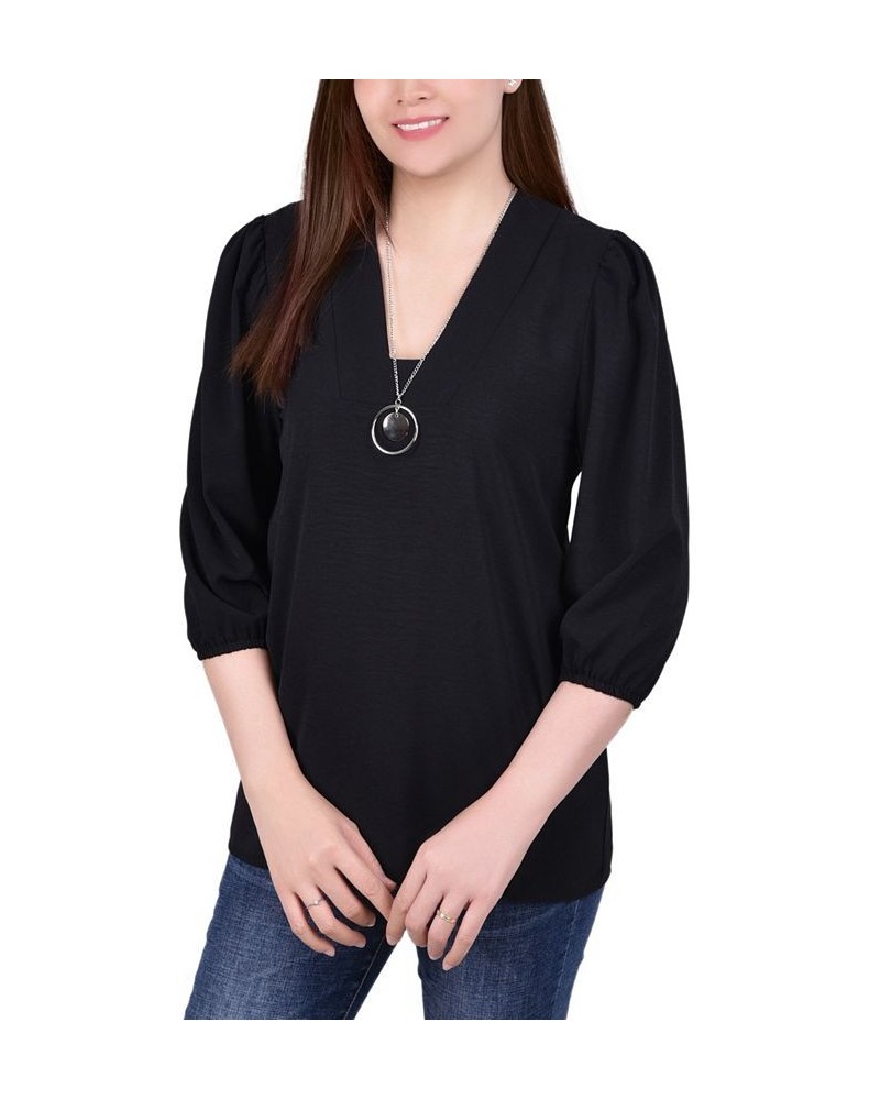 Petite Balloon Sleeve Pullover with Necklace Black $13.20 Tops